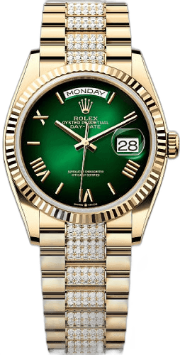 Rolex Day-Date 36 Yellow Gold — Fluted Bezel, Green Ombré Dial | Ref. 128238