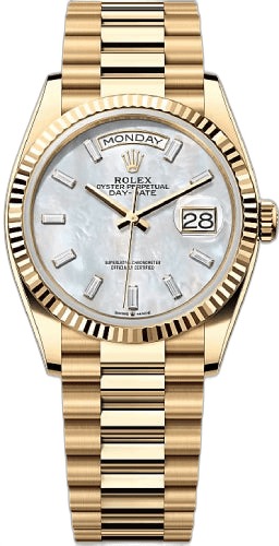 Rolex Day-Date 36 Yellow Gold — White MOP Diamond-Set Dial, Fluted Bezel | Ref. 128238