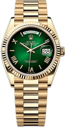 Rolex Day-Date 36 18 ct Yellow Gold — Green Ombré Dial with Fluted Bezel | Ref. 128238