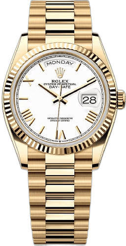 Rolex Day-Date 36 Yellow Gold — White Dial, Fluted Bezel | Ref. 128238