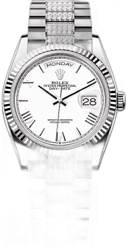 Rolex Day-Date 36 18ct White Gold — White Roman Dial, Fluted Bezel | Ref. 128239