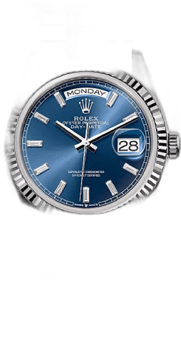 Rolex Day-Date 36 White Gold — Bright Blue Diamond-Set Dial, Fluted Bezel | Ref. 128239