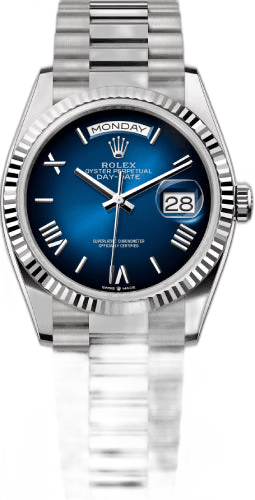 Rolex Day-Date 36 18 ct White Gold — Blue Ombré Roman Dial with Fluted Bezel | Ref. 128239