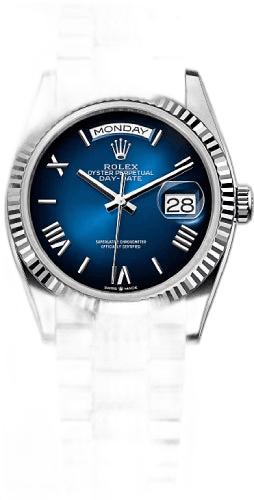 Rolex Day-Date 36 White Gold — Blue Ombré Dial, Fluted Bezel | Ref. 128239