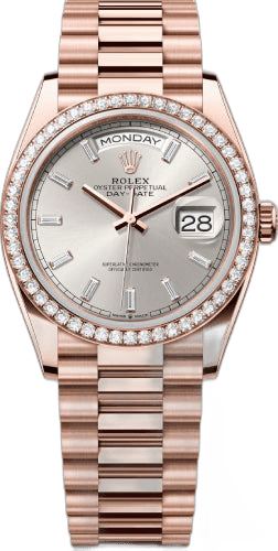 Rolex Day-Date 36 Everose Gold — Silver Diamond-Set Dial, Diamond Bezel | Ref. 128345RBR