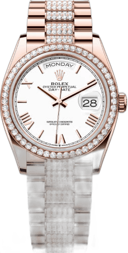 Rolex Day-Date 36 18ct Everose Gold — Diamond Bezel White Roman Dial | Ref. 128345RBR