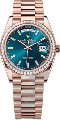 Rolex Day-Date 36 Everose Gold — Baguette Diamond Bezel, Blue-Green Diamond-Set Dial | Ref. 128345RBR