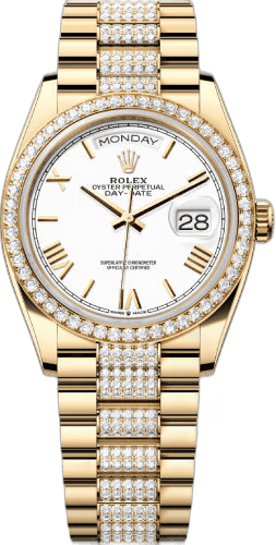 Rolex Day-Date 36 Yellow Gold — Diamond Bezel White Roman Dial | Ref. 128348RBR