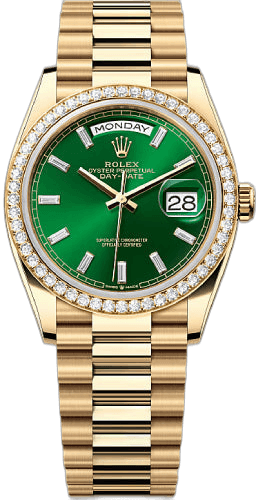 Rolex Day-Date 36 Yellow Gold — Bright Green Diamond-Set Dial | Ref. 128348RBR