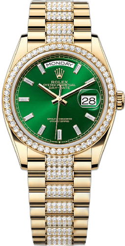 Rolex Day-Date 36 Yellow Gold — Bright Green Diamond-Set Dial, Diamond Bezel | Ref. 128348RBR