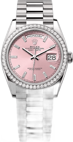 Rolex Day-Date 36 Yellow Gold — Pink Diamond-Set Dial, 10 Baguette Diamonds | Ref. 128349RBR