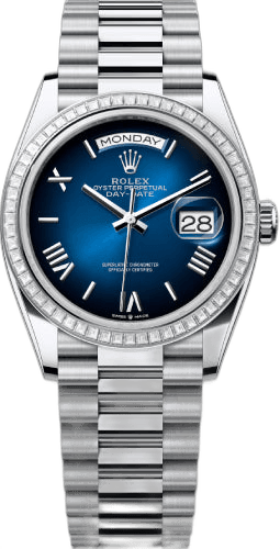 Rolex Day-Date 36 Platinum — Blue Ombré Roman Dial | Ref. 128396TBR