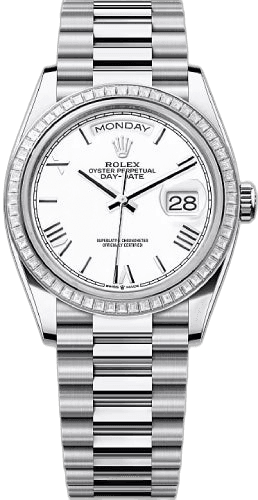 Rolex Day-Date 36 Platinum — White Roman Dial with Diamond Bezel | Ref. 128396TBR