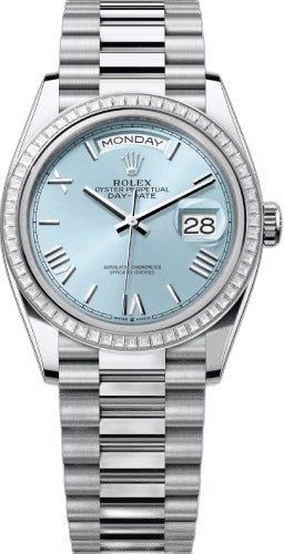 Rolex Day-Date 36 Platinum — Ice-Blue Roman Dial, Diamond-Set Bezel | Ref. 128396TBR