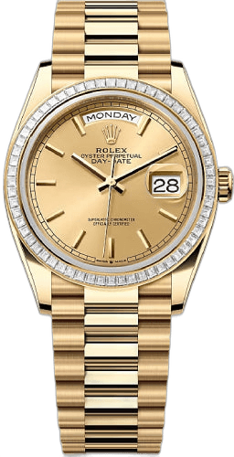 Rolex Day-Date 36 Yellow Gold — Champagne Stick Dial Diamond-Set Bezel | Ref. 128398TBR