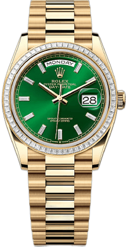 Rolex Day-Date 36 18ct Yellow Gold — Bright Green Baguette Diamond Dial, Diamond Bezel | Ref. 128398TBR