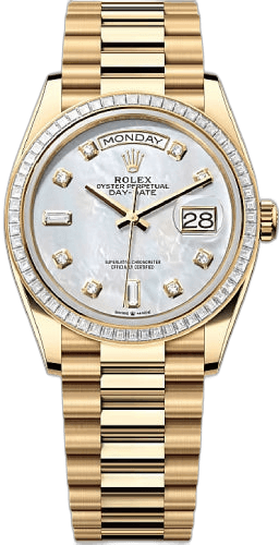 Rolex Day-Date 36 Yellow Gold — White Mother-of-Pearl Diamond Dial | Ref. 128398TBR