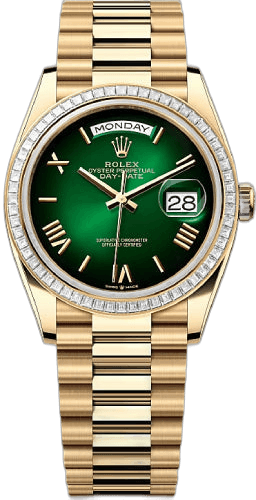 Rolex Day-Date 36 18ct Yellow Gold — Green Ombré Roman Dial, Diamond Bezel | Ref. 128398TBR