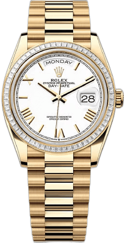 Rolex Day-Date 36 18ct Yellow Gold — White Roman Diamond-Set Bezel | Ref. 128398TBR