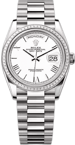 Rolex Day-Date 36 18ct White Gold — Diamond-Set Bezel, White Roman Dial | Ref. 128399TBR