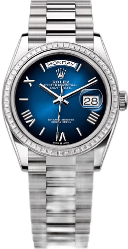 Day-Date 36 36mm Blue Ombré Roman Dial Diamond-Set Bezel President Bracelet - 128399TBR | 2024 Model 18ct White gold · Rolex 128399TBR