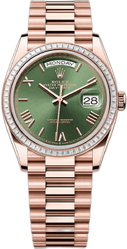 Rolex Day-Date 36 Everose Gold — Olive Green Dial, Diamond Bezel | Ref. 128395TBR