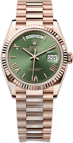 Rolex Day-Date 36 Everose Gold — Olive Green Dial Fluted Bezel | Ref. 128235