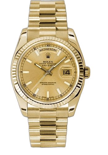 Rolex Day-Date Yellow Gold — Champagne Index Dial with Fluted Bezel | Ref. 118238