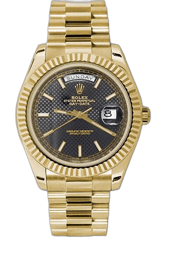 Rolex Day-Date 40 Yellow Gold — Black Diagonal Motif Index Dial with Fluted Bezel | Ref. 228238