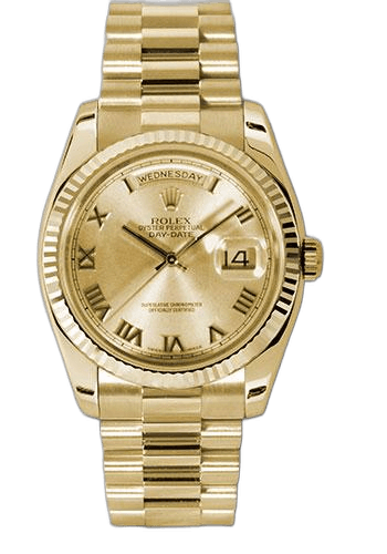 Rolex Day-Date 36 Yellow Gold — Champagne Roman Dial, Fluted Bezel | Ref. 118238