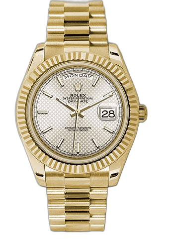 Rolex Day-Date Yellow Gold — Fluted Bezel Silver Diagonal Motif Index | Ref. 228238