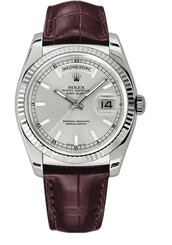 Rolex Day-Date 36 White Gold — Silver Index Dial, Fluted Bezel | Ref. 118139