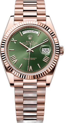 Rolex Day-Date 40 Everose Gold — Olive Green Roman Dial, Fluted Bezel | Ref. 228235