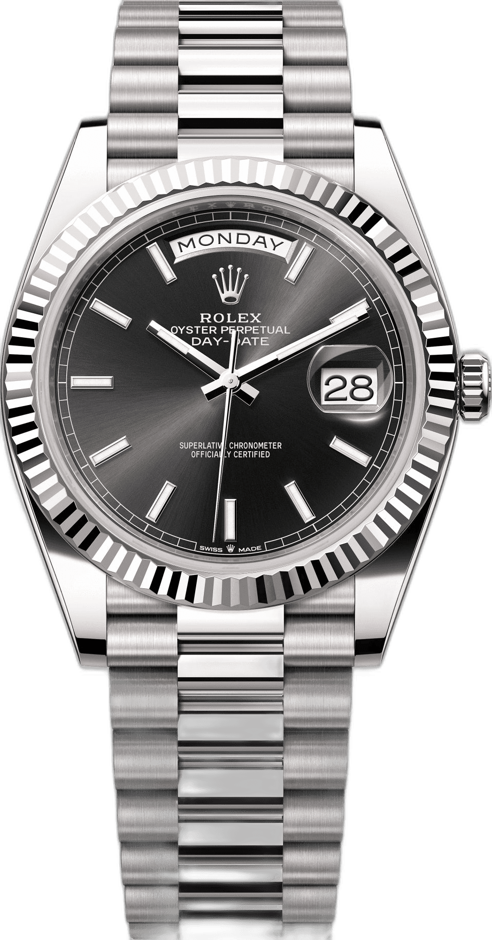 Rolex Day-Date 40 18ct White Gold — Bright Black Dial, Fluted Bezel | Ref. 228239