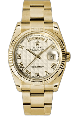 Rolex Day-Date Yellow Gold — Fluted Bezel Ivory Pyramid Roman Dial | Ref. 118238