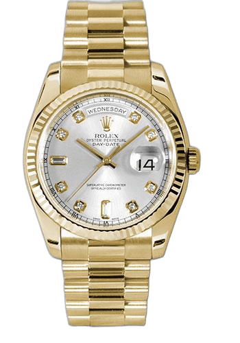 Rolex Day-Date Yellow Gold — Fluted Bezel Silver Diamond Dial | Ref. 118238