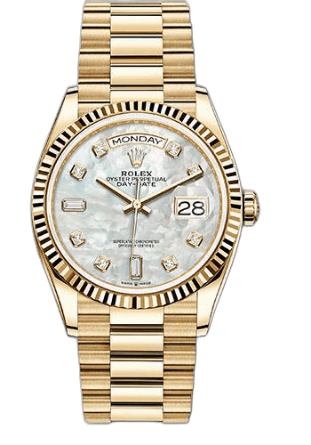 Rolex Day-Date 36 Yellow Gold — Mother-of-Pearl Diamond Dial, Fluted Bezel | Ref. 128238