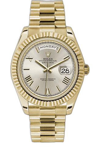 Rolex Day-Date 40 Yellow Gold — Fluted Bezel Silver Bevelled Roman Dial | Ref. 228238