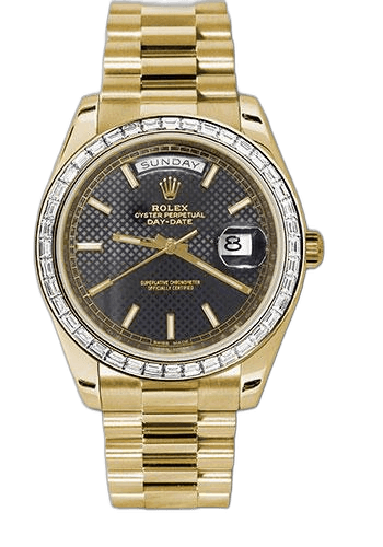 Rolex Day-Date 40 Yellow Gold — Baguette Diamond Bezel, Black Diagonal Motif Dial | Ref. 228398TBR