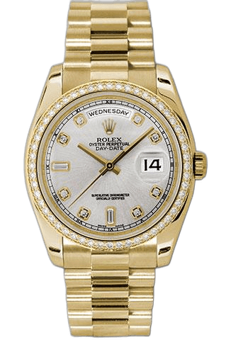 Rolex Day-Date 36 Yellow Gold — Silver Diamond Dial | Ref. 118348