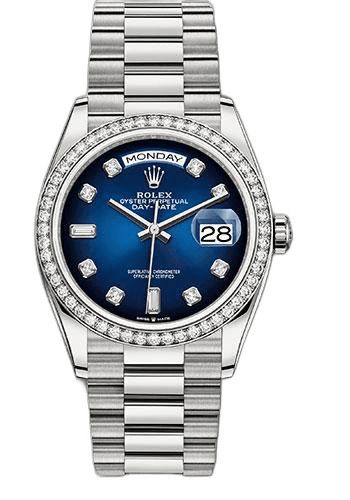 Rolex Day-Date 36 White Gold — Blue Ombré Diamond Dial with Diamond Bezel | Ref. 128349RBR