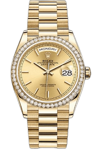 Rolex Day-Date 36 Yellow Gold — Champagne Diamond Dial, Diamond Bezel | Ref. 128348RBR