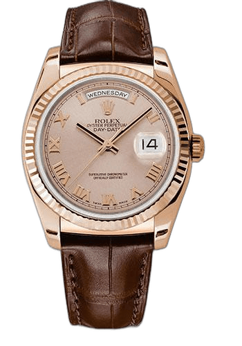 Rolex Day-Date 36 Everose Gold — Pink Roman Dial, Fluted Bezel | Ref. 118135