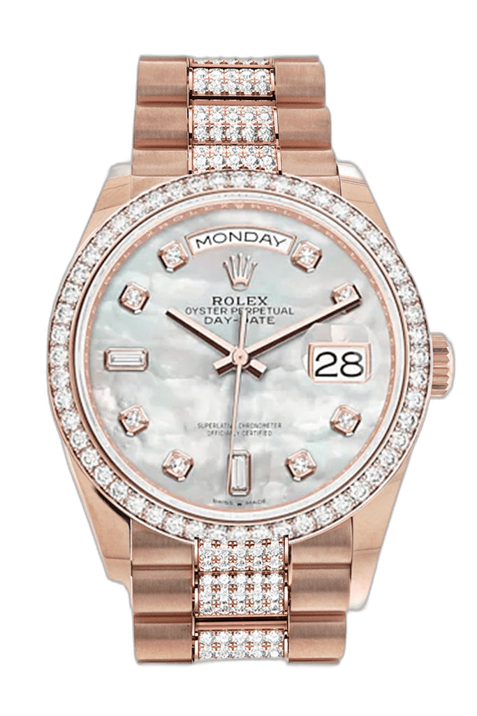 Rolex Day-Date 36 Gold — Pearl Diamond Dial, Diamond Bezel | Ref. 128345RBR