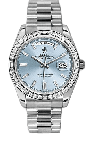 Rolex Day-Date 40 Platinum — Ice Blue Baguette Diamond Dial | Ref. 228396TBR