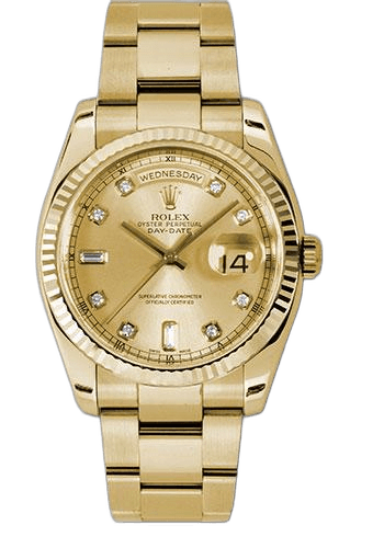 Rolex Day-Date 36 Yellow Gold — Champagne Diamond Dial, Fluted Bezel | Ref. 118238