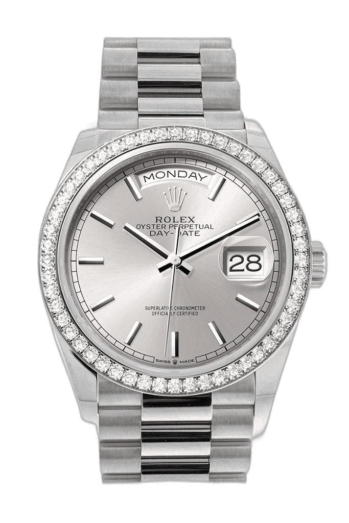 Rolex Day-Date 36 White Gold — Diamond Bezel, Silver Dial | Ref. 128349RBR