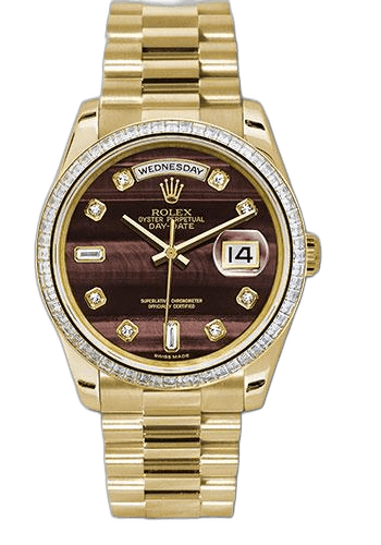 Rolex Day-Date Yellow Gold Day-Date 36 Watch - Bezel - Bulls Eye Diamond Dial - President Bracelet - 118398 bedp 36mm Timepiece [118398