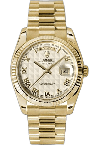 Rolex Day-Date 36 Yellow Gold — Ivory Pyramid Roman Dial, Fluted Bezel | Ref. 118238
