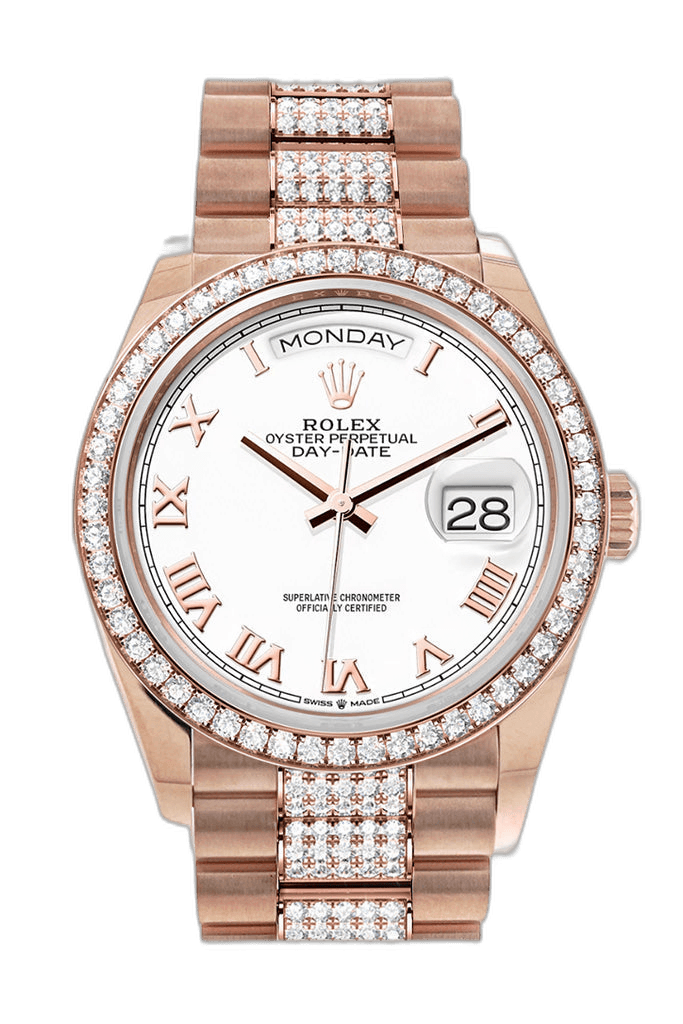 Rolex Day-Date 36 Everose Gold — White Dial, Diamond Bezel | Ref. 128345RBR